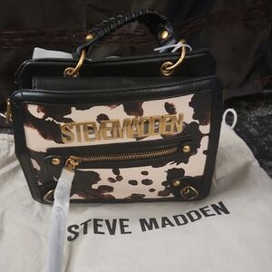 Steve Madden Black and Cream Cow-Print Mini Satchel with Gold Hardware